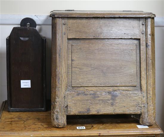 A 19th century oak box and a candlebox, W.42cm and W.16cm